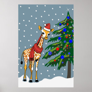 Schattigee Giraffe Beanie en sjaal met kerstboom Poster