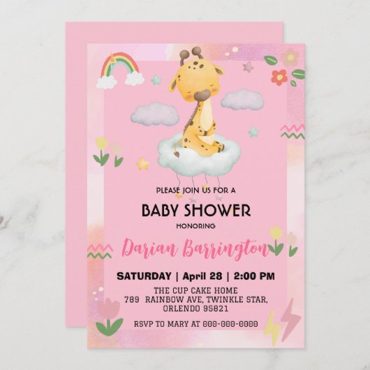 Schattigee giraffe Bloemballon baby shower feest Kaart (Voorkant / Achterkant)