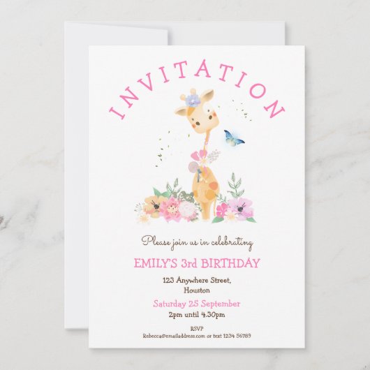 Schattigee Giraffe Bloemen Meisjes 3e Verjaardagsf Kaart (Voorkant)