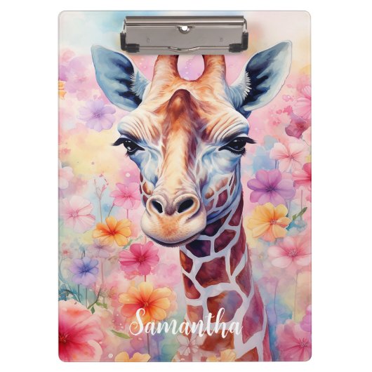 Schattigee Giraffe in Pink Flowers Klembord (Voorkant)