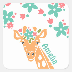 Schattigee Giraffe met Flower Crown gepersonalisee Vierkante Sticker
