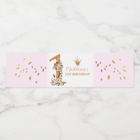 Schattigee Giraffe Prinses 1e Verjaardag Waterfles Etiket (Enkel label)