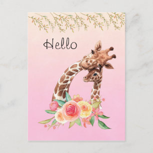 Schattigee Giraffe Waterverf Moeder & Baby Hallo Briefkaart