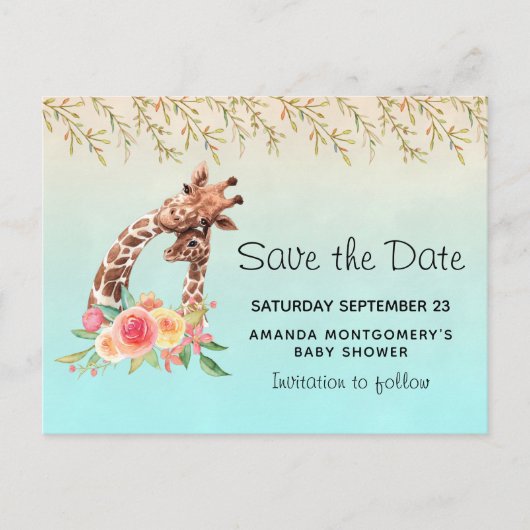 Schattigee Giraffe Waterverf Moeder & Baby Save th Uitnodiging Briefkaart (Voorkant)