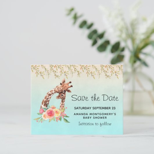 Schattigee Giraffe Waterverf Moeder & Baby Save th Uitnodiging Briefkaart (Staand voorkant)