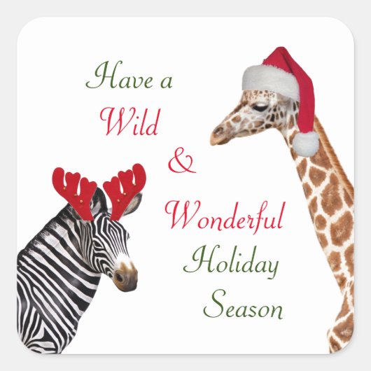 Schattigee Giraffe & Zebra Wilde Kerstmis Vierkante Sticker (Voorkant)