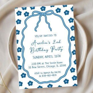Schattigee Girly Blue Flowers en Bow verjaardagsfe Kaart