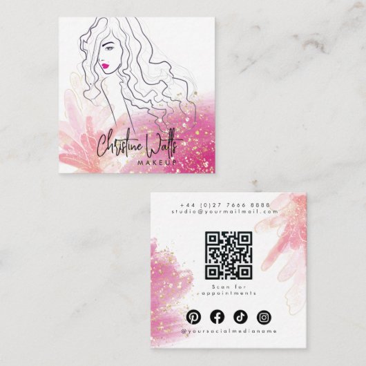 Schattigee Girly Blush Pink Sparkly Glitter Make-u Vierkante Visitekaartje (Voorkant / Achterkant)