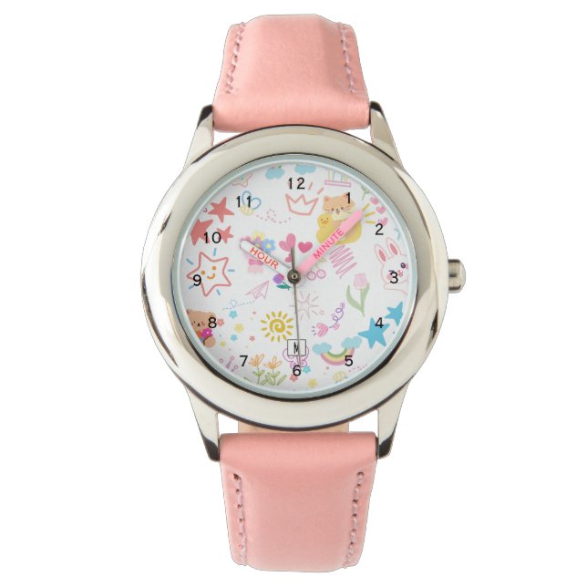 Schattigee Girly Cartoon Rainbow Doodle eWatch Horloge (Voorkant)
