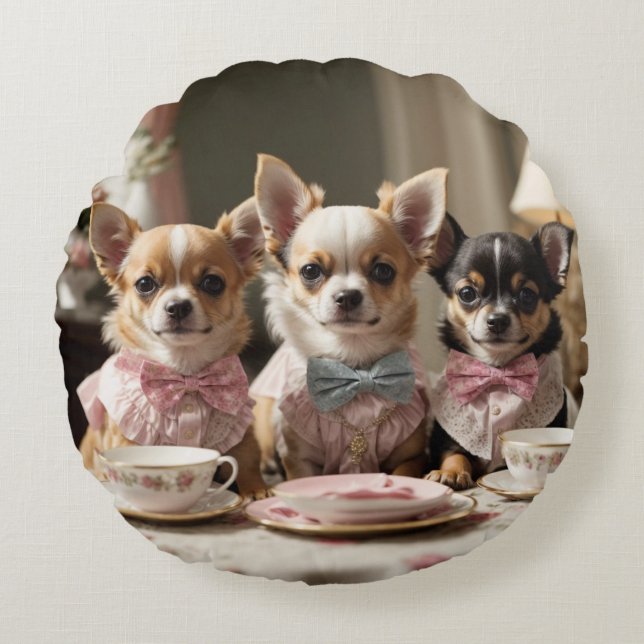 Schattigee Girly Chihuahua Tea Party Rond Kussen (Voorkant)