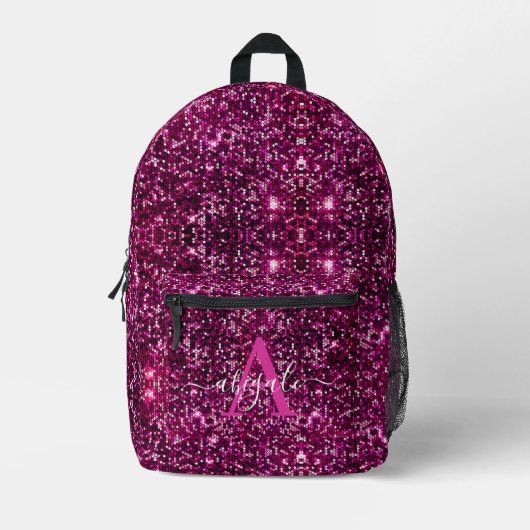 Schattigee Girly Hot Pink Glitter Sequins Monogram Bedrukte Rugzak (Voorkant)