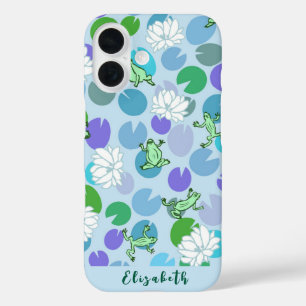 Schattigee girly kikkerkunst met blauwe waterlelie iPhone 16 hoesje