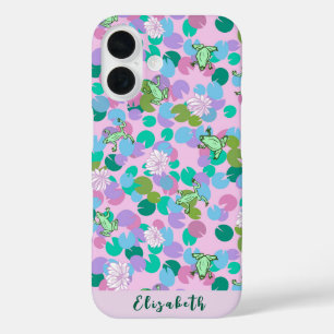 Schattigee girly roze kikkerkunst met waterlelies  iPhone 16 hoesje