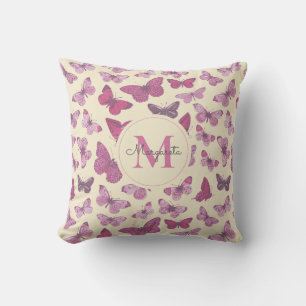 Schattigee Girly Roze Vlinder Patroon Naam Monogra Kussen