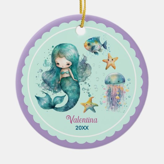 Schattigee girly zeemeermin oceaan paarse kerst ke keramisch ornament (Voorkant)
