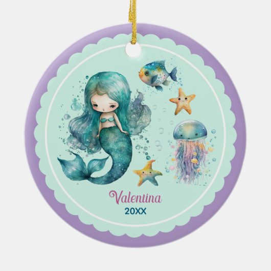 Schattigee girly zeemeermin oceaan paarse kerst ke keramisch ornament (Achterkant)