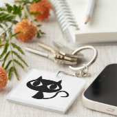 Schattigee Glimlachende Zwarte Kat Halloween Sleut Sleutelhanger (Voorkant Rechts)