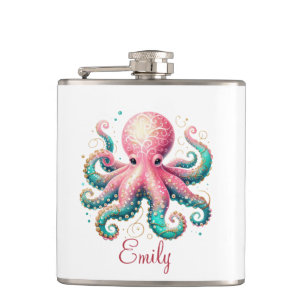Schattigee Glittery Octopus Custom Monogram Heupfles