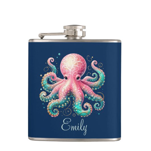 Schattigee Glittery Octopus Custom Monogram Heupfles (Voorkant)
