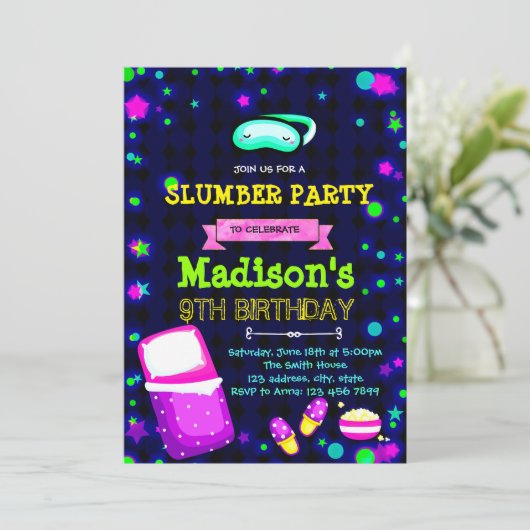 Schattigee Glow slumber verjaardagsfeestuitnodigin Kaart (Staand voorkant)