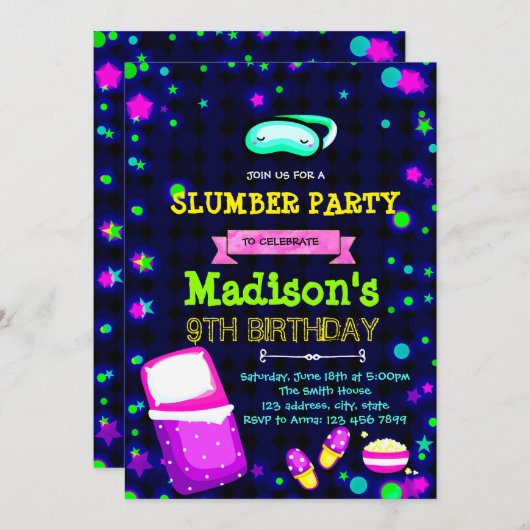Schattigee Glow slumber verjaardagsfeestuitnodigin Kaart (Voorkant / Achterkant)