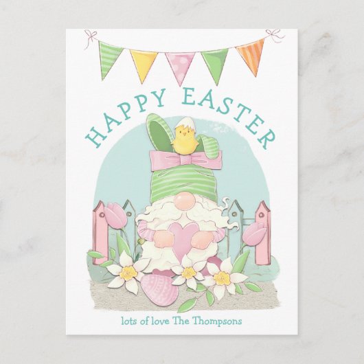 Schattigee Gnome Bunny Chick Spring Pastels Happy  Feestdagenkaart (Voorkant)