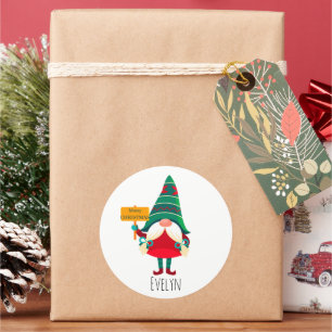 Schattigee Gnome Holding Placard met Groeten Ronde Sticker