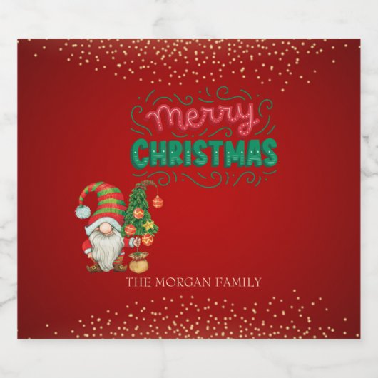 Schattigee Gnome Pine Tree Confetti Red Merry Chri Sparkling Wijnetiket (Enkel label)