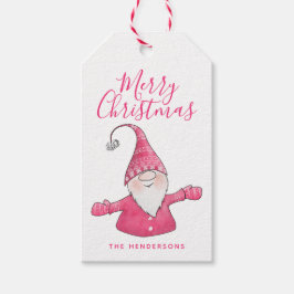 Schattigee Gnome Witte en Roze Vrolijke Kerst Cadeaulabel