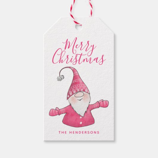 Schattigee Gnome Witte en Roze Vrolijke Kerst Cadeaulabel (Voorkant)