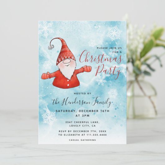 Schattigee gnoom in rood blauw kerstfeest kaart (Staand voorkant)