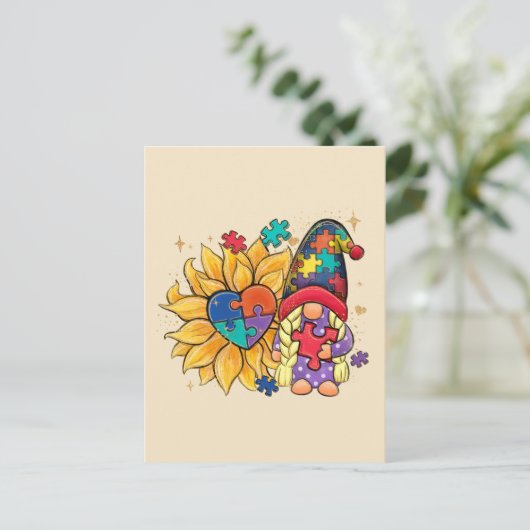 Schattigee Gnoom, Zonnebloem & Hart Autisme Bewust Briefkaart (Staand voorkant)