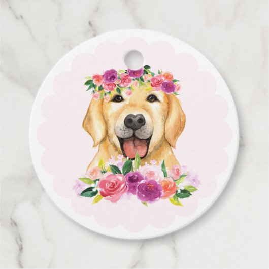 Schattigee Golden Retriever en Purple Flowers Beda Bedankjes Labels (Voorkant)