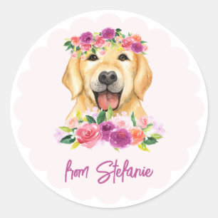 Schattigee Golden Retriever en Purple Flowers Verj Ronde Sticker