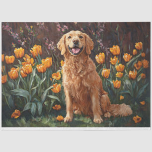 Schattigee Golden Retriever in een Tulip Garden De Tissuepapier