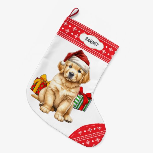 Schattigee Golden Retriever Puppy Santa Hat Sneeuw Grote Kerstsok (Voorkant (Hangend))