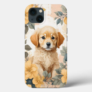 Schattigee Golden Retriever Puppy Yellow Flowers iPhone 13 Hoesje