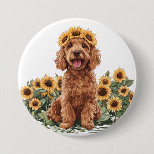 Schattigee Goldendoodle hond met een zonnebloemkro Ronde Button 7,6 Cm