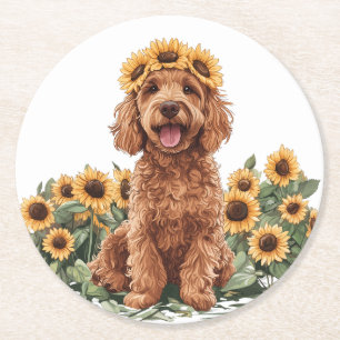 Schattigee Goldendoodle hond met een zonnebloemkro Ronde Kartonnen Onderzetter