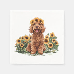 Schattigee Goldendoodle hond met een zonnebloemkro Servet