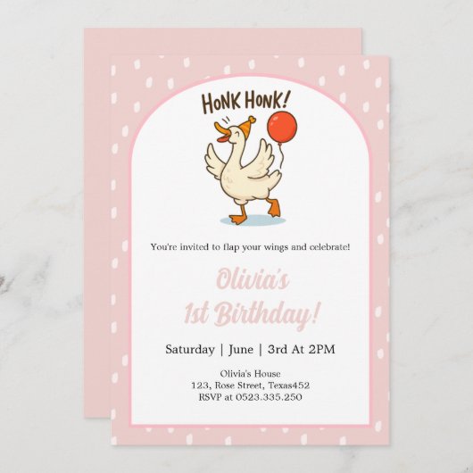 Schattigee Goose meisjes 1e Verjaardag Uitnodiging (Voorkant / Achterkant)