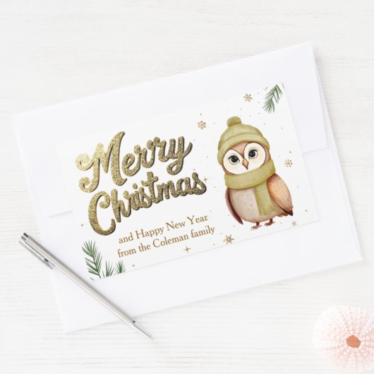 Schattigee gouden glitter vrolijke kerst uil rechthoekige sticker (Envelop)