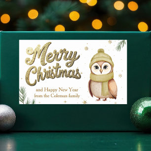 Schattigee gouden glitter vrolijke kerst uil rechthoekige sticker