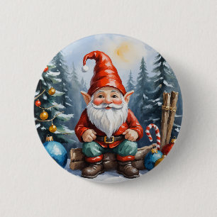 Schattigee Grappige Cartoon Vrolijke Kerstgnoom Ronde Button 5,7 Cm