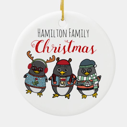 Schattigee Grappige Pinguïns | Aangepaste Familie  Keramisch Ornament (Achterkant)