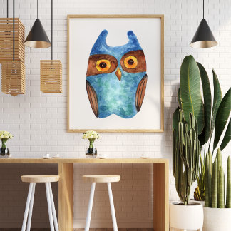 Schattigee grappige waterverf uil blauw bruin poster