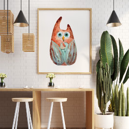 Schattigee grappige waterverf uil groen sinaasappe poster