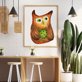 Schattigee grappige waterverf uil illustratie deco poster
