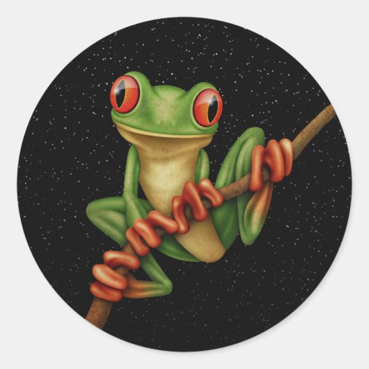 Schattigee Green Tree Frog op een tak met sterren Ronde Sticker (Voorkant)