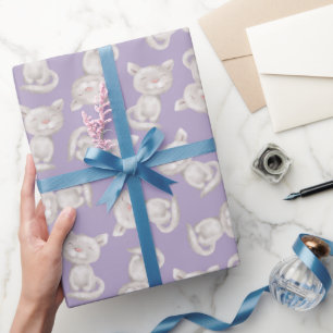 Schattigee Grijze Kat Eenvoudige Paarse Verjaardag Cadeaupapier